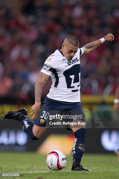 Nicolás Castillo of Pumas, kicks the ball during the 2nd round match between Atlas and Pumas UNAM as part of the Torneo Apertura 2017 Liga MX at...