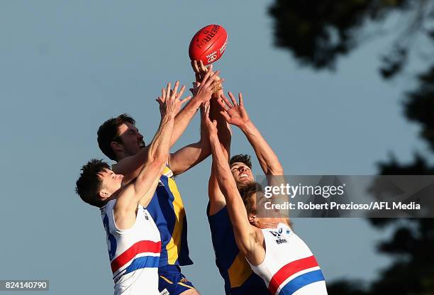 Nicholas Ryan of Footscray contests the ball during the round 15 VFL match between Williamstown and Footscray at Burbank Oval on July 29, 2017 in...