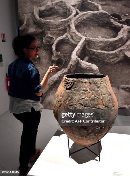 Visitor passes a terracotta wine jar or kvevris from Georgia dating from 6BC which sits on display at an exhibition at The Cité du Vin in Bordeaux on...