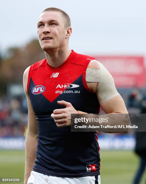 Tom McDonald of the Demons looks dejected after a loss during the 2017 AFL round 19 match between the North Melbourne Kangaroos and the Melbourne...