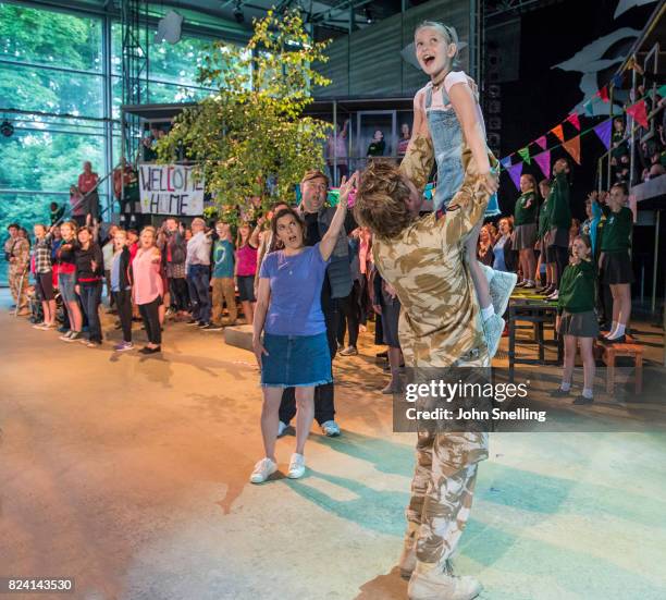 The Company perform on stage during a performance of "Silver Birch" a new opera by Roxanna at Garsington Opera at Wormsley on July 26, 2017 in High...