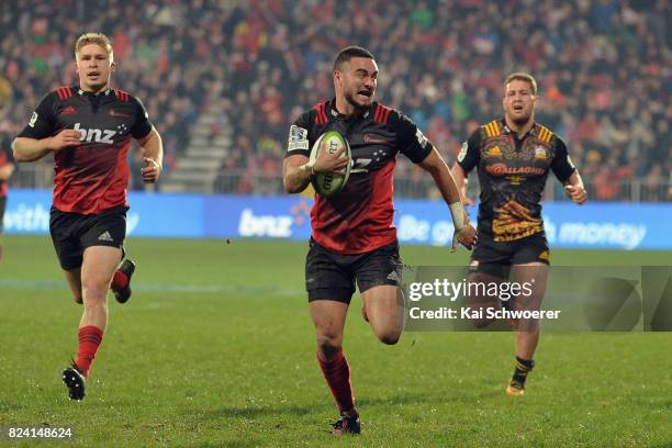 Bryn Hall of the Crusaders runs through to score a try during the Super Rugby Semi Final match between the Crusaders and the Chiefs at AMI Stadium on...