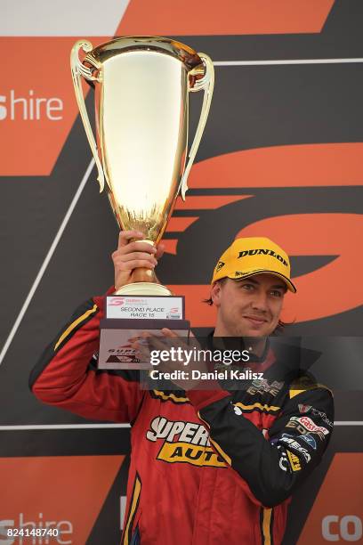 2nd palce Chaz Mostert driver of the Supercheap Auto Racing Ford Falcon FGX celebrates after race 15 for the Ipswich SuperSprint, which is part of...