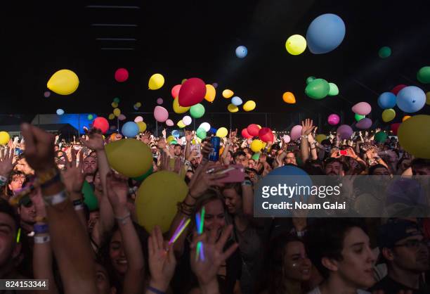 Balloons are released on the audience as Girl Talk performs during the 2017 Panorama Music Festival - Day 1 at Randall's Island on July 28, 2017 in...