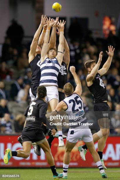 Tom Lonergan of the Cats and Matthew Kreuzer of the Blues compete during the round 19 AFL match between the Carlton Blues and the Geelong Cats at...