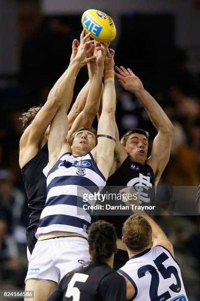 Tom Lonergan of the Cats and Matthew Kreuzer of the Blues compete during the round 19 AFL match between the Carlton Blues and the Geelong Cats at...