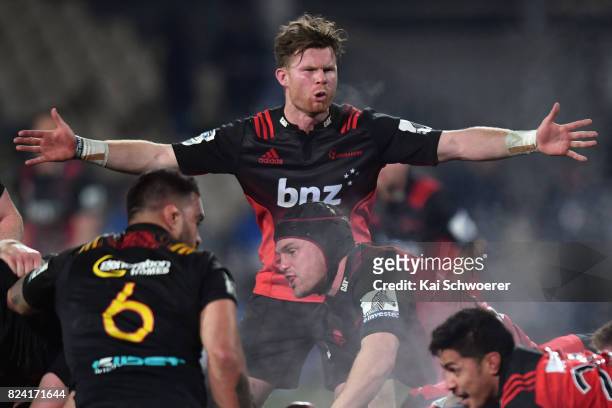 Mitchell Drummond of the Crusaders reacting during the Super Rugby Semi Final match between the Crusaders and the Chiefs at AMI Stadium on July 29,...
