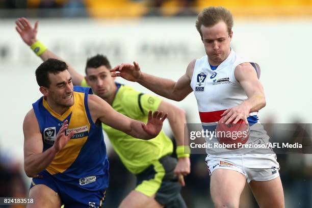 William Hayes of Footscray kicks during the round 15 VFL match between Williamstown and Footscray at Burbank Oval on July 29, 2017 in Melbourne,...