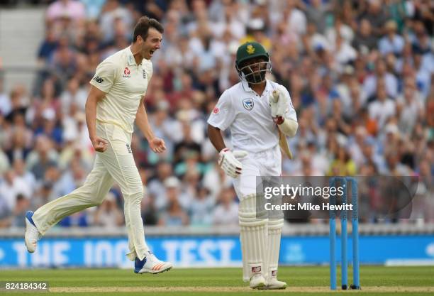 Toby Roland-Jones of England celebrates after dismissing Temba Bavuma of South Africa to complete a five wicket haul on debut during Day Three of the...