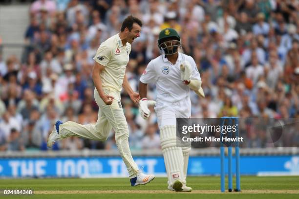 Toby Roland-Jones of England celebrates after dismissing Temba Bavuma of South Africa to complete a five wicket haul on debut during Day Three of the...
