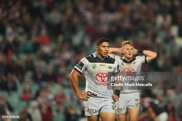 Jason Taumalolo of the Cowboys looks dejected after defeat in the round 21 NRL match between the Sydney Roosters and the North Queensland Cowboys at...