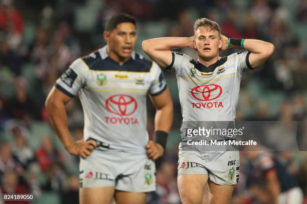 Coen Hess of the Cowboys looks dejected after defeat in the round 21 NRL match between the Sydney Roosters and the North Queensland Cowboys at...