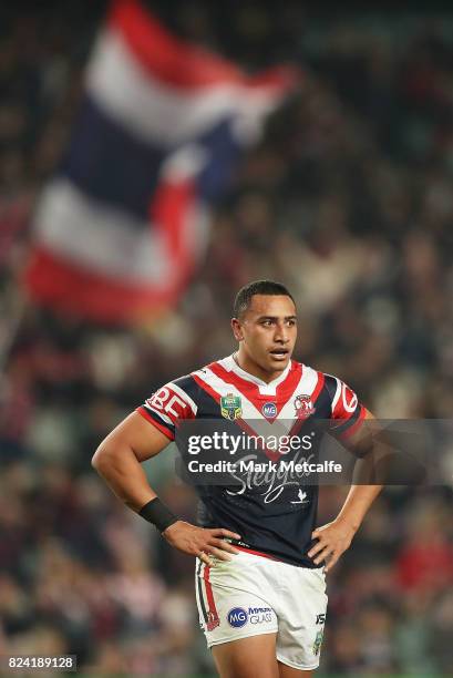 Sio Siua Taukeiaho of the Roosters looks on during the round 21 NRL match between the Sydney Roosters and the North Queensland Cowboys at Allianz...