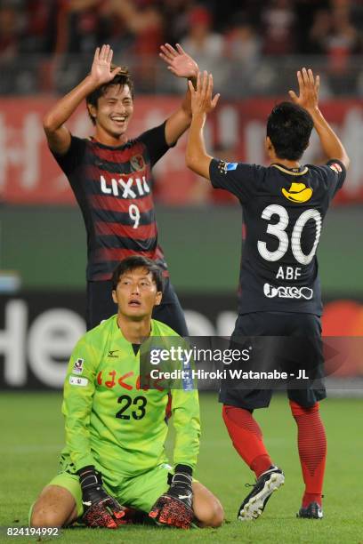 Hiroki Abe of Kashima Antlers celebrates scoring his side's third goal with his team mate Yuma Suzuki during the J.League J1 match between Kashima...