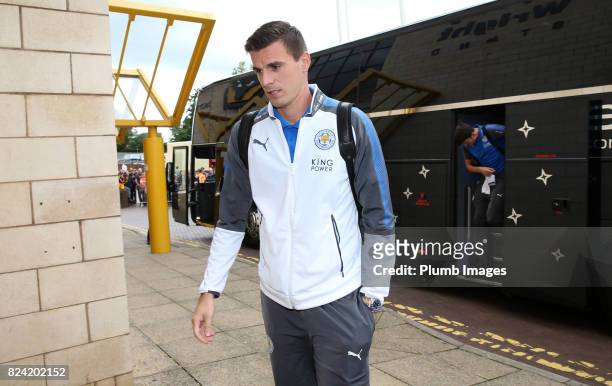 Eldin Jakupovic of Leicester City arrives at Molineux Stadium ahead of the pre season friendly between Wolverhampton Wanderers and Leicester City on...