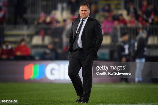 Head Coach Dave Rennie of the Chiefs looks on prior to the Super Rugby Semi Final match between the Crusaders and the Chiefs at AMI Stadium on July...