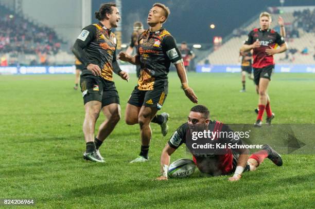 Bryn Hall of the Crusaders celebrates scoring a try during the Super Rugby Semi Final match between the Crusaders and the Chiefs at AMI Stadium on...