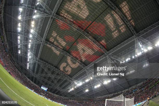Stadium roof displays 'Goal' as Chelsea pulls back a goal during the International Champions Cup match between FC Internazionale and Chelsea FC at...