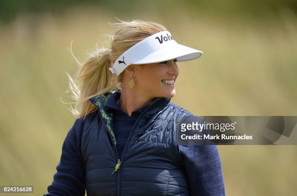Carly Booth of Scotland all smiles as she walks from the 2nd green during the third day of the Aberdeen Asset Management Ladies Scottish Open at...