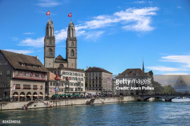 General view of the historic city centre with the Grossmunster ahead the IRONMAN Switzerland on July 29, 2017 in Zurich, Switzerland.