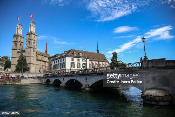 General view of the historic city centre with the Grossmunster ahead the IRONMAN Switzerland on July 29, 2017 in Zurich, Switzerland.