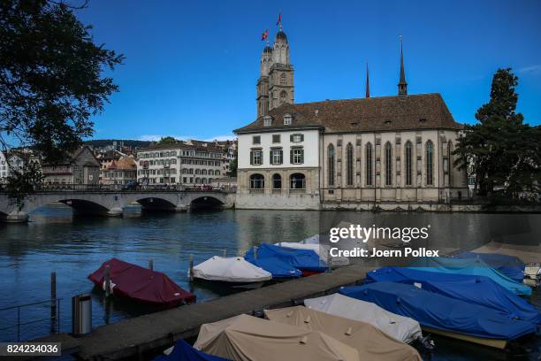 General view of the historic city centre with the Grossmunster ahead the IRONMAN Switzerland on July 29, 2017 in Zurich, Switzerland.