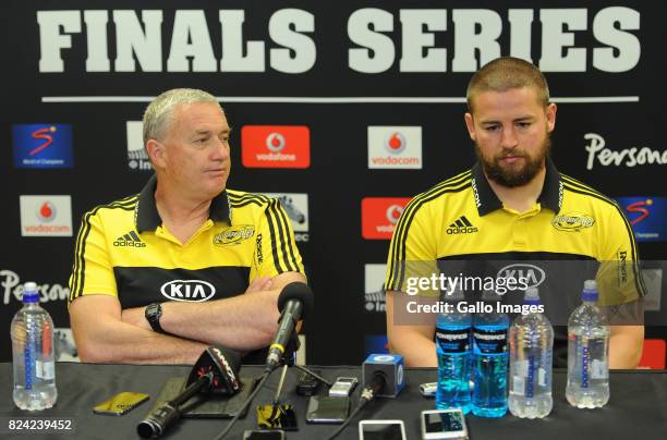 Coach Chris Boyd and Dane Coles of Hurricanes at the post match interview during the Super Rugby, Semi Final match between Emirates Lions and...