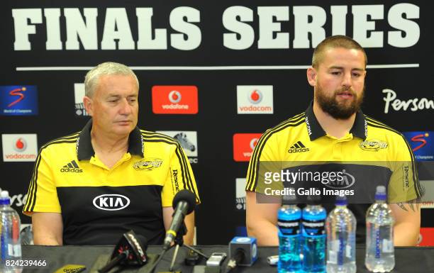 Coach Chris Boyd and Dane Coles of Hurricanes at the post match interview during the Super Rugby, Semi Final match between Emirates Lions and...