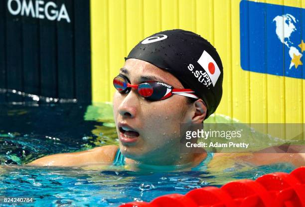 Satomi Suzuki of Japan reacts during the Women's 50m Breaststroke semi final on day sixteen of the Budapest 2017 FINA World Championships on July 29,...