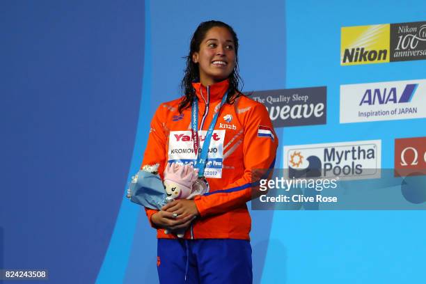 Silver medalist Ranomi Kromowidjojo of the Netherlands poses with the medal won during the Women's 50m Butterfly final on day sixteen of the Budapest...
