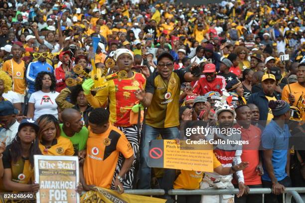 Fans during the Carling Black Label Champion Cup match between Orlando Pirates and Kaizer Chiefs at FNB Stadium on July 29, 2017 in Johannesburg,...