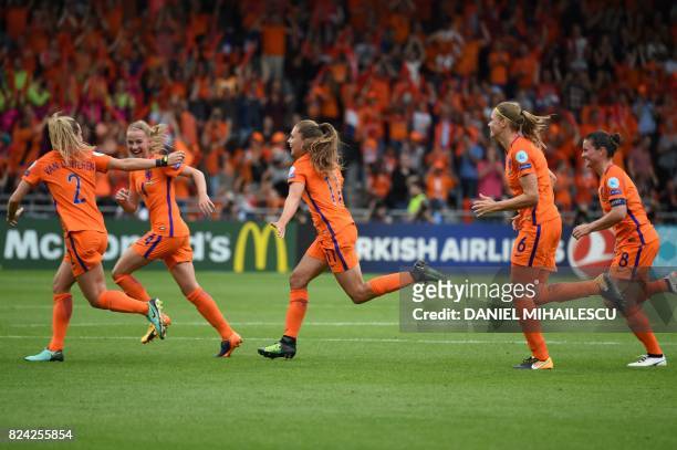 Lieke Martens of The Netherlands celebrates after scoring during the UEFA Womens Euro 2017 football match between the Netherlands and Sweden at the...