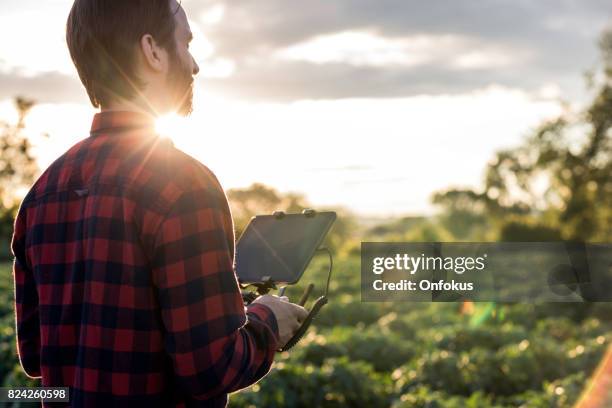 man landwirt-pilot mit drone fernbedienung bei sonnenuntergang - modern cowboy stock-fotos und bilder