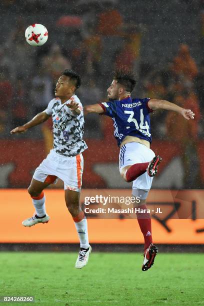 Chong Tese of Shimizu S-Pulse and Milos Degenek of Yokohama F.Marinos compete for the ball during the J.League J1 match between Yokohama F.Marinos...