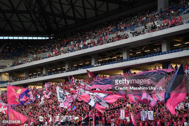 Cerezo Osaka supporters cheer prior to the J.League J1 match between Gamba Osaka and Cerezo Osaka at Suita City Football Stadium on July 29, 2017 in...
