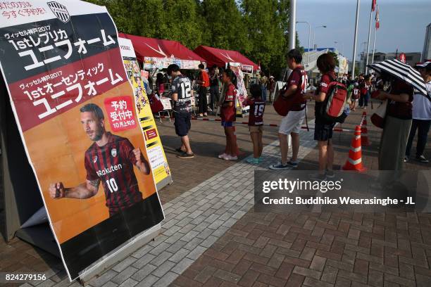 Vissel Kobe supporters queue to purchase Lukas Podolski goods at an official marchandise shop prior to the J.League J1 match between Vissel Kobe and...