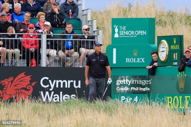 Tom Lehman of the United States in action during the third round of the Senior Open Championship presented by Rolex at Royal Porthcawl Golf Club on...