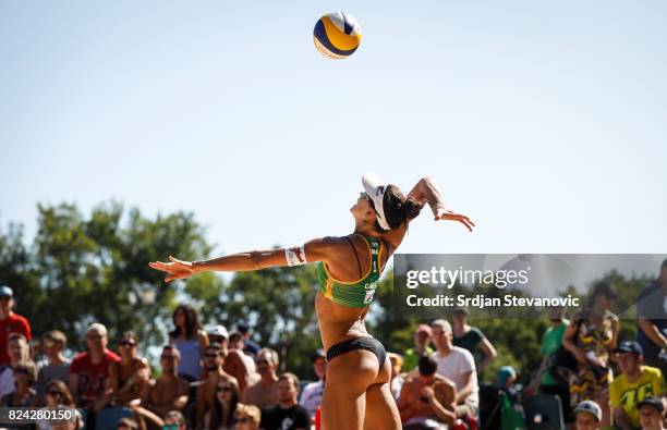 Maria Antoneli of Brazil serves the ball during the Women's Pool I Main draw match between Brazil and Canada on July 29, 2017 in Vienna, Austria.