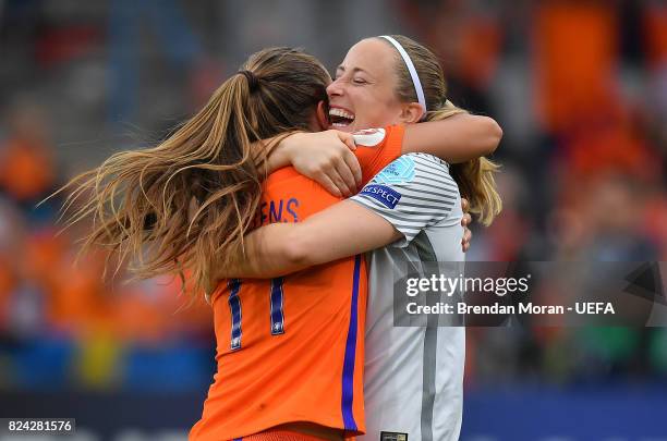 Lieke Martens and Loes Geurts of Netherlands after the UEFA Women's EURO 2017 Quarter-Final match between the Netherlands and Sweden at Stadion De...