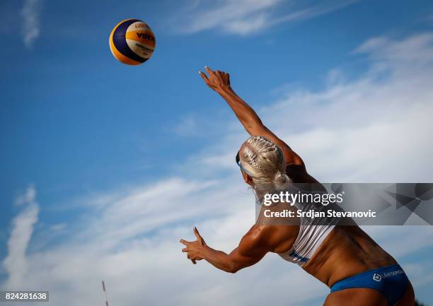 Taru Lahti-liukkonen of Finland serves the ball during the Women's Pool F Main draw match between Finland and Paraguay on July 29, 2017 in Vienna,...