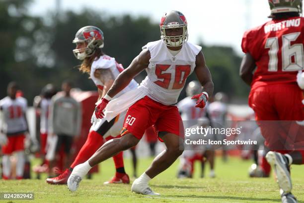 Jeff Knox Jr. Reacts to the offensive play during the Tampa Bay Buccaneers Training Camp on July 29, 2017 at One Buccaneer Place in Tampa, Florida.