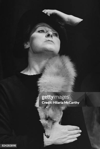 Actress Siobhán McKenna appearing in a fashion show at the Criterion Theater wearing a fox stole, London, UK, 29th July 1970.