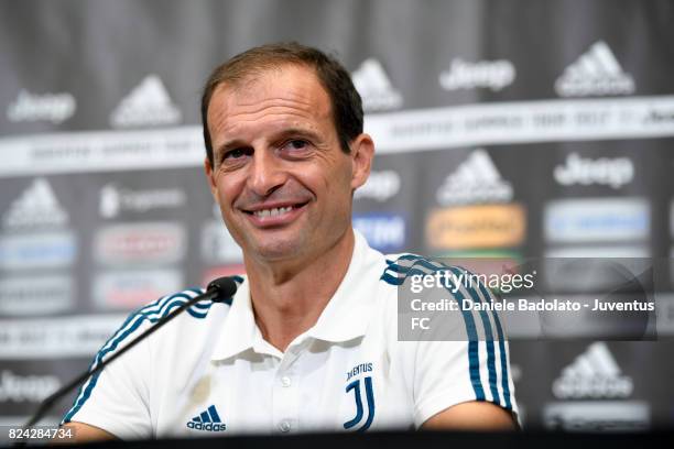 Manager Massimiliano Allegri speaks during a Juventus press conference for Summer Tour 2017 by Jeep on July 29, 2017 in Boston, Massachusetts.