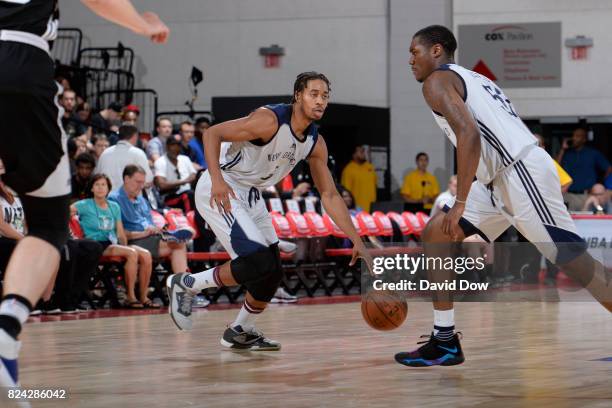 Isaiah Cousins of the New Orleans Pelicans handles the ball during the game against the Brooklyn Nets during the 2017 Las Vegas Summer League on July...