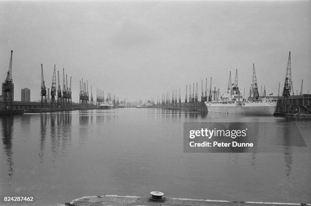 General view of Royal Docks during the UK dockers' strike which took place between 15th and 17th of July across the UK, London, 1970.