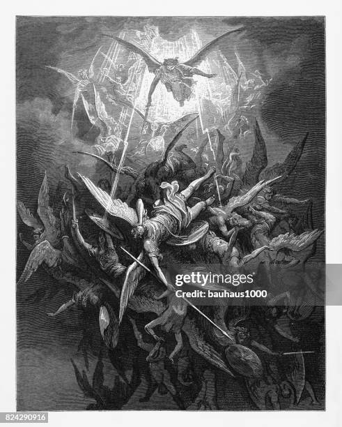 him the almighty power victorian engraving, 1885 - heaven hell stock illustrations