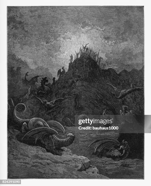 gorgonen, und hydras und chimären tauchen viktorianischen gravur, 1885 - adam bibelfigur stock-grafiken, -clipart, -cartoons und -symbole