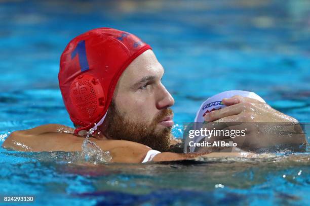 Viktor Nagy of Hungary looks dejected following defeat during the Men's Waterpolo Final between Hungary and Croatia on day sixteen of the Budapest...