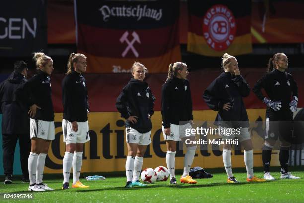 Germany players look on in the warm up prior to the UEFA Women's Euro 2017 Quarter Final match between Germany and Denmark at Sparta Stadion on July...