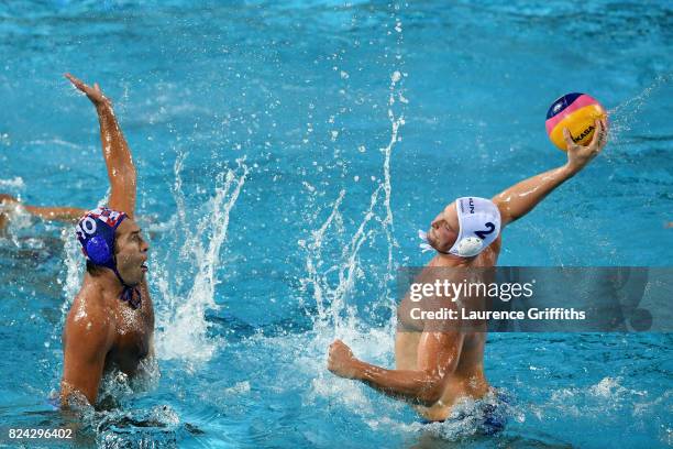 Bela Torok of Hungary scores a goal during the Men's Waterpolo Final between Hungary and Croatia on day sixteen of the Budapest 2017 FINA World...